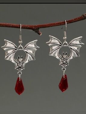 Red Crystal Silver Tone Bat Dangle Earrings Halloween Gothic Vampire Jewelry NEW
